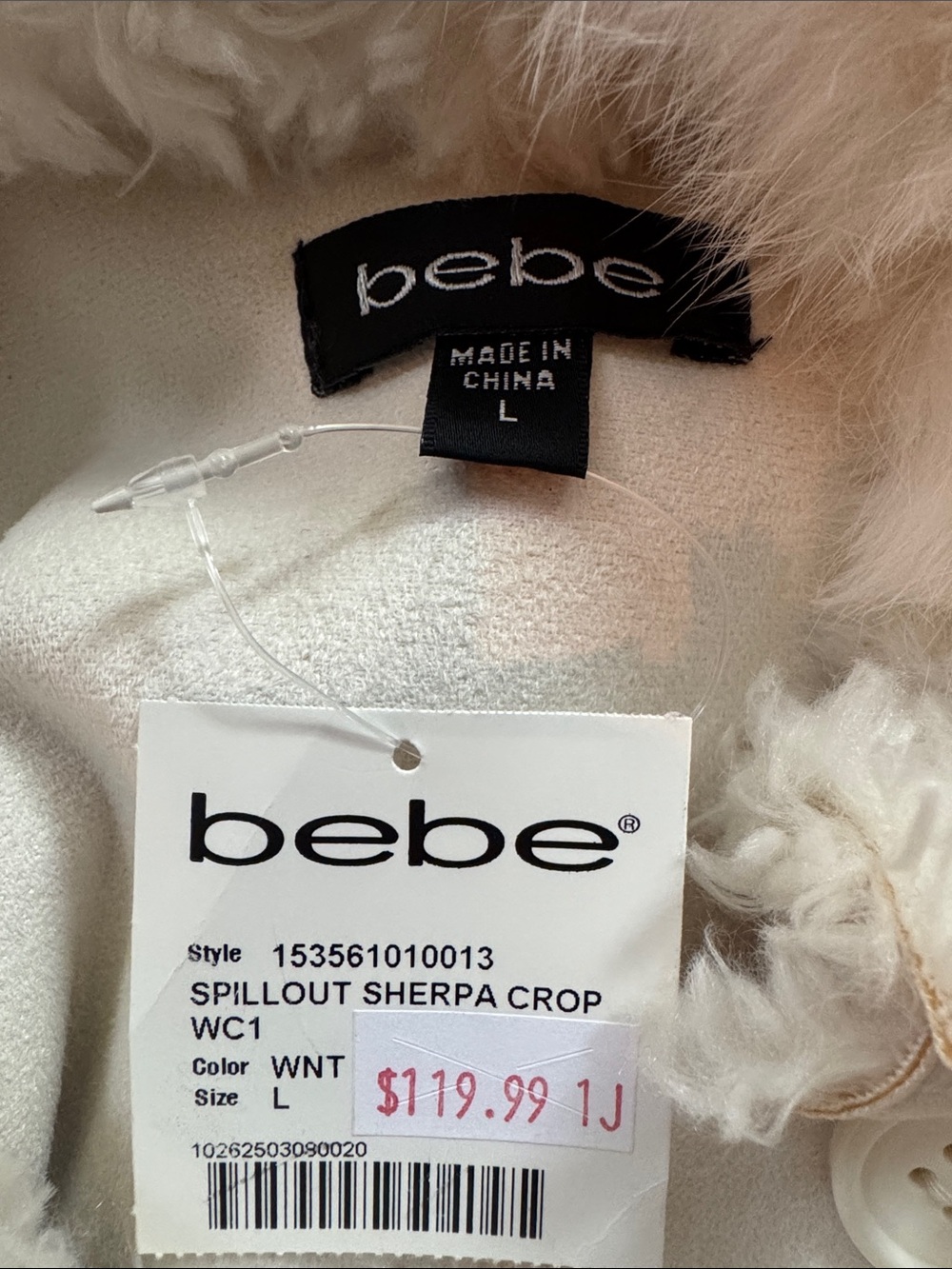 NWT bebe Spillout Sherpa Crop Jacket White Large Genuine Rabbit Fur Trim Hooded - Picture 2 of 12